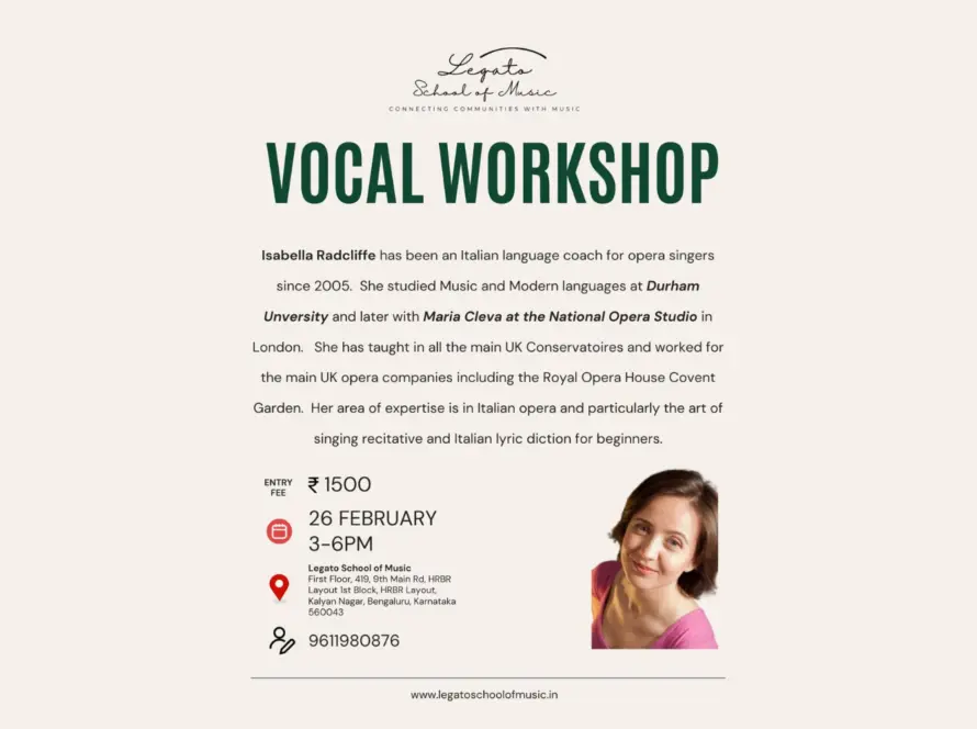 Legato school of music organizing event on vocal workshop with Isabelle Radcliffe