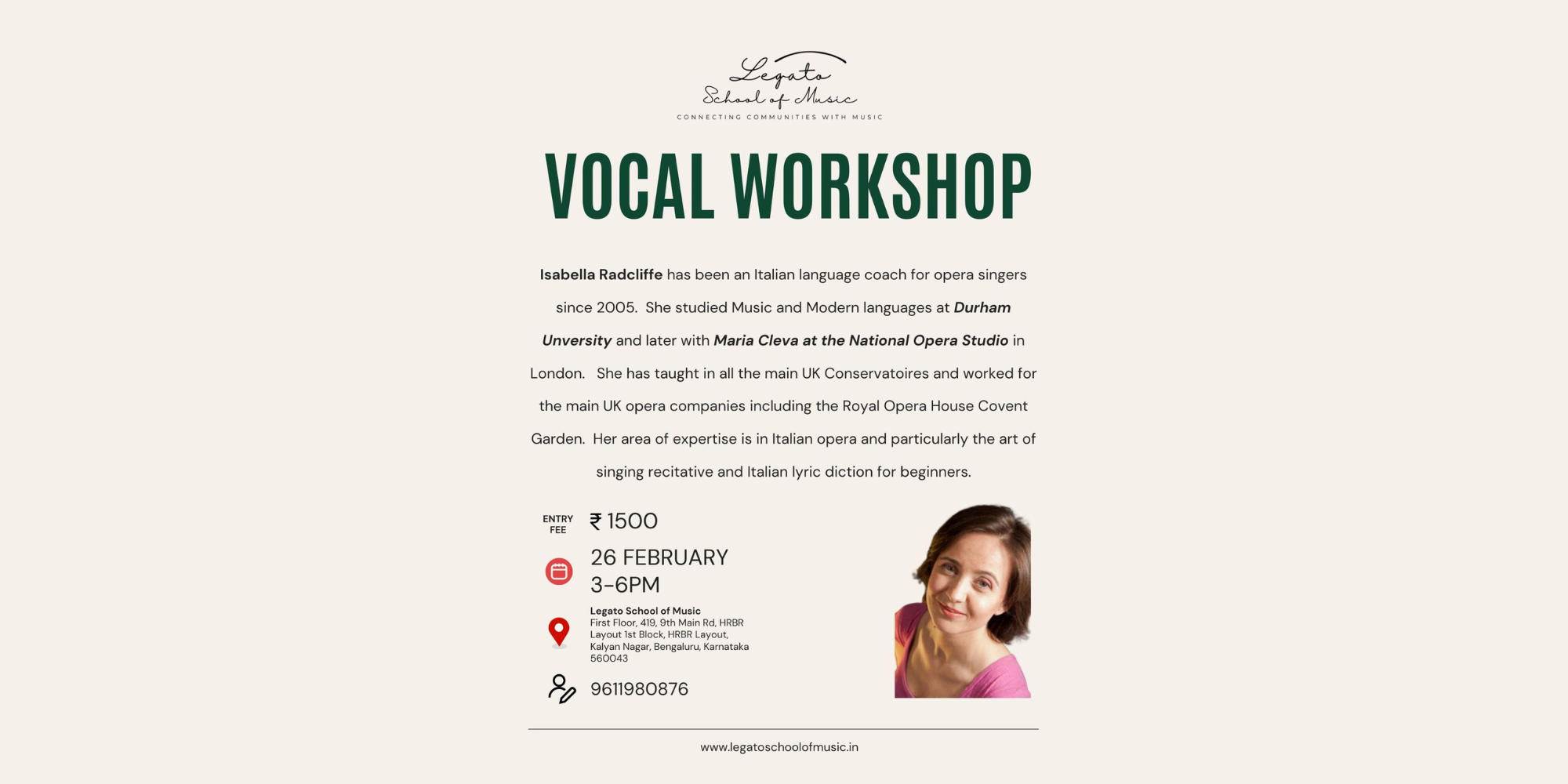 Legato school of music organizing event on vocal workshop with Isabelle Radcliffe